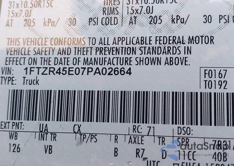 2007 Ford Ranger Fx4 Level Ii/Fx4 Off-Road/Sport/Xlt z USA, uszkodzony, nr VIN 1FTZR45E07PA02664